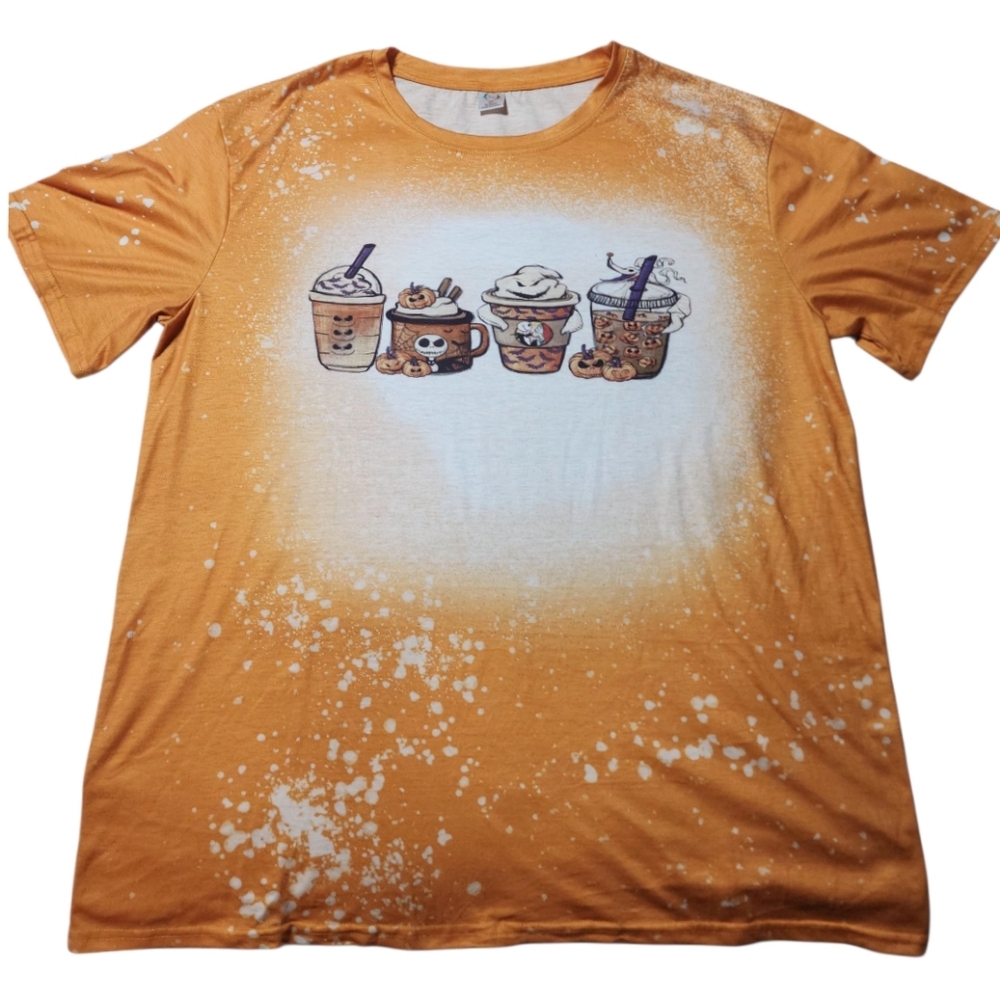 Orange Halloween Coffee Graphic Bleached Short Sleeve T-shirt Size 2XL